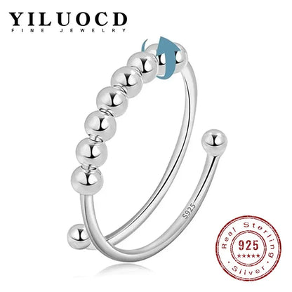 New 925 Sterling Silver Stress Relief Fidget Spinner Rings Rotate Beads Anxiety Adjustable Rings for Women Men Fine Jewelry