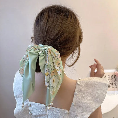 New Women Bow Hair Ropechiffon Floral Print Sweet Elastic Hair Band Ponytail Holder Gum for Hair Ties Hair Accessories