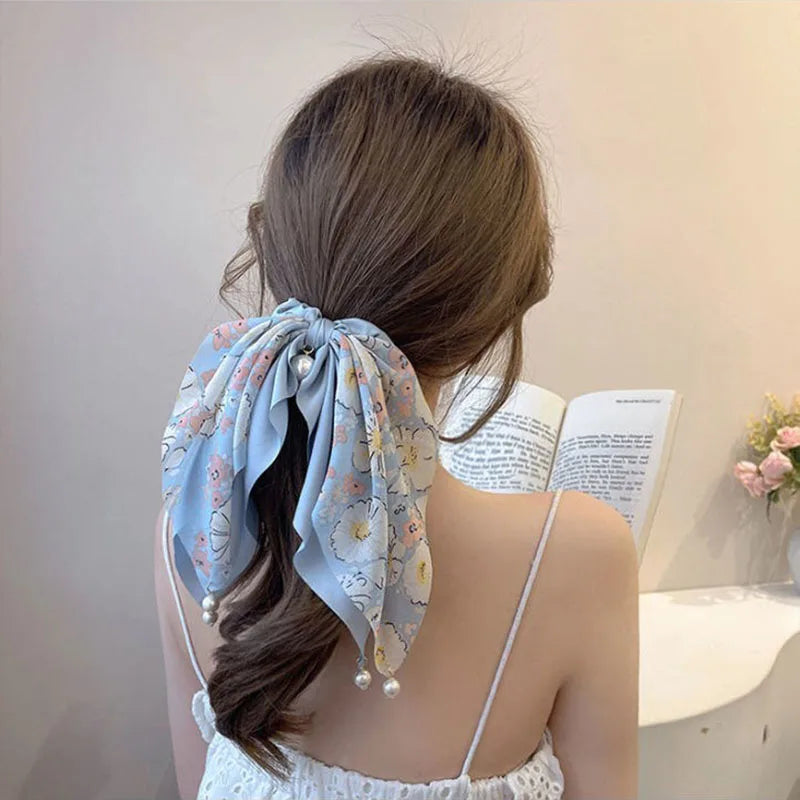 New Women Bow Hair Ropechiffon Floral Print Sweet Elastic Hair Band Ponytail Holder Gum for Hair Ties Hair Accessories