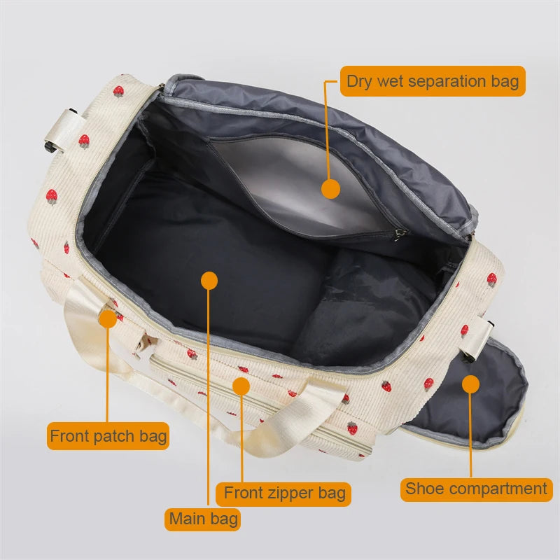 Corduroy Travel Tote Bag Large Capacity Carry on Travel Bag with Shoe Compartment Sports Fitness Bags for Women Duffle Bags