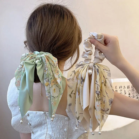 New Women Bow Hair Ropechiffon Floral Print Sweet Elastic Hair Band Ponytail Holder Gum for Hair Ties Hair Accessories