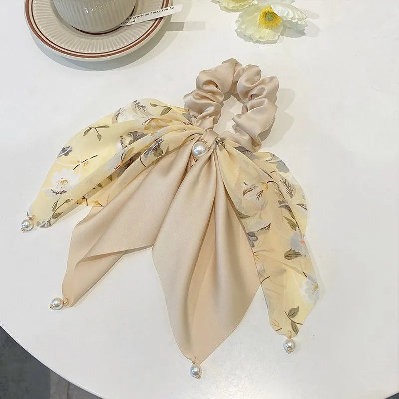 New Women Bow Hair Ropechiffon Floral Print Sweet Elastic Hair Band Ponytail Holder Gum for Hair Ties Hair Accessories