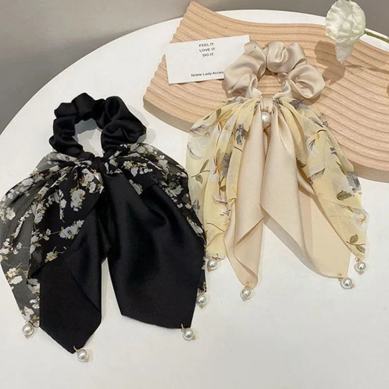 New Women Bow Hair Ropechiffon Floral Print Sweet Elastic Hair Band Ponytail Holder Gum for Hair Ties Hair Accessories